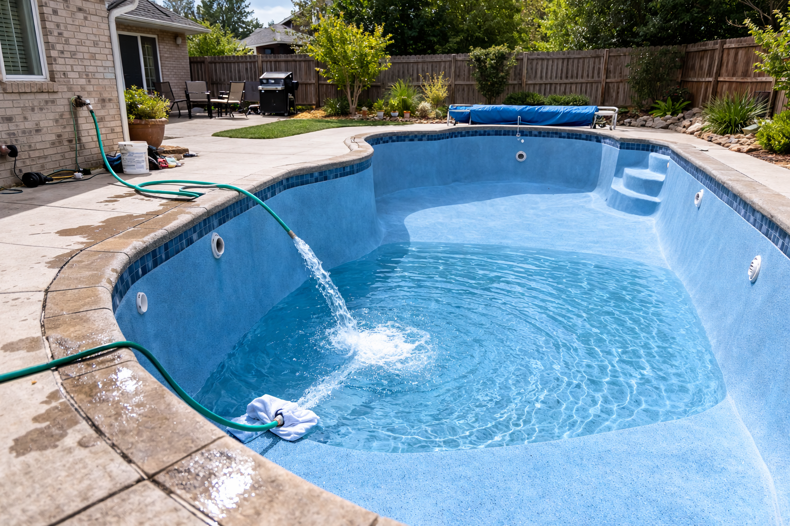 Pool being refilled with water after resurfacing in Cape Coral backyard